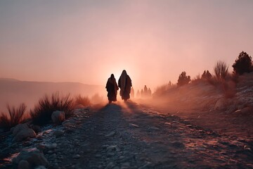 Jesus Christ walking with pilgrims on a dusty path at sunset, with soft browns and oranges and gentle dust rising, capturing a serene, divine atmosphere.