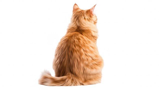 A fluffy orange cat sitting with its back facing the viewer. its long fur and bushy tail against a plain white background. ideal for pet-themed content and stock photography