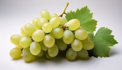 a cluster of light green grapes with vibrant leaves sits on a plain white background showcasing its freshness and juicy appearance