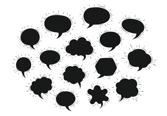 Vector illustration of assortment of black speech bubble and thought bubble shapes with radiating lines