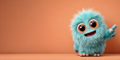 Fototapeta premium Cute fluffy character with big eyes and happy expression on beige background