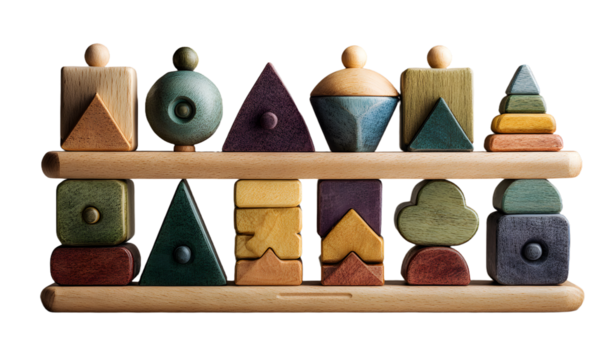 Wooden puzzles collection with knob handles and geometric shapes, natural toy pieces designed for children learning and play, isolated presentation with educational set for early development concept