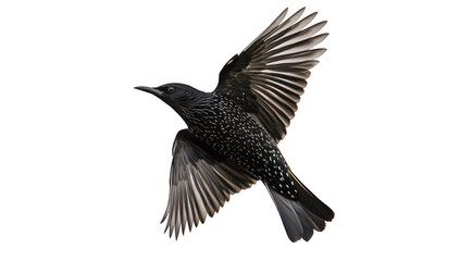 Obraz premium A solitary black bird with iridescent feathers and white speckles soaring gracefully against a clear sky. its wings in flight. perfect for nature and wildlife photography