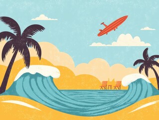 Retro Beach Scene with Surfers, Palm Trees, and Vibrant Waves