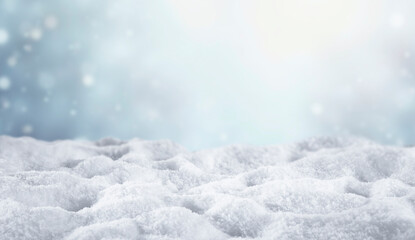 Winter and Christmas scene with fresh white snow and clean copy space for product placement or text. Frosty winter landscape with seasonal holiday mood background.