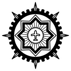 Airplane At Center Of Eight Pointed Star Octagram With Navigation Compass And Round Gear Vector Illustration In Decorative Aviation Emblem Style With Black Outline And White Fill On Transparent BG