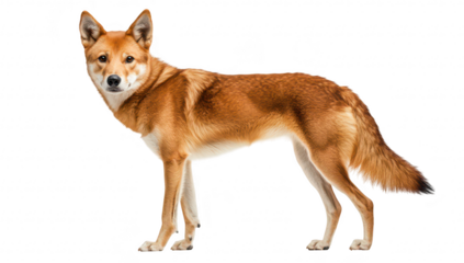 A majestic dingo standing confidently against a white background. its sleek fur and alert expression. perfect for nature-themed projects or animal behavior studies