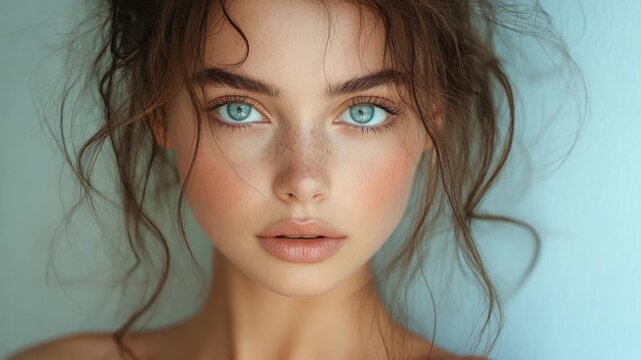 Close-up shot of a woman's face with noticeable freckles