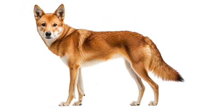 A majestic dingo standing confidently against a white background. its sleek fur and alert expression. perfect for nature-themed projects or animal behavior studies