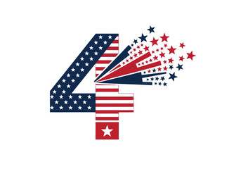 Vector illustration of number 4 stylized with american flag pattern and bursting stars