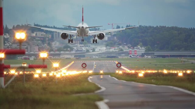 Commercial passenger airplane landing on an illuminated airport runway strip. Ground level, rear of the plane point of view, touchdown and taxi, slow motion, super-telephoto, cloudy, no people