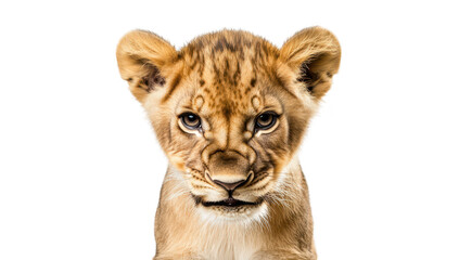Obraz premium A close-up portrait of a young lion cub with intense eyes. its playful yet fierce expression against a plain white background. ideal for wildlife photography and educational use