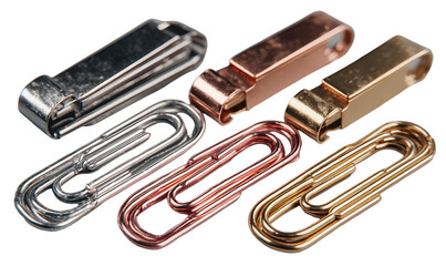 Polished metal paperclips isolated on transparent background; paperclip set includes single and grouped clips with shiny wire texture for office or stationery concept