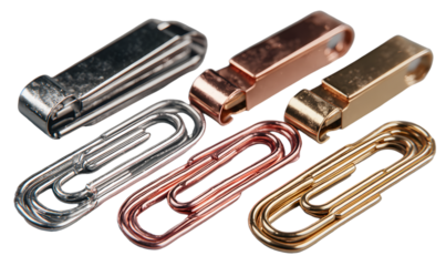 Polished metal paperclips isolated on transparent background; paperclip set includes single and grouped clips with shiny wire texture for office or stationery concept