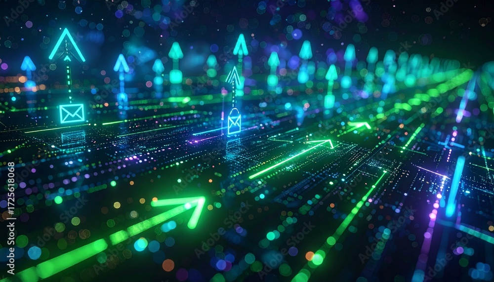 Poster abstract digital arrows rising in a network environment, symbolizing data transmission and informati