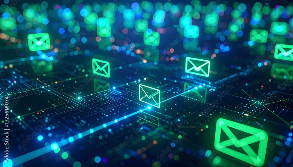 Poster A captivating digital image featuring glowing email icons floating over a network of illuminated circuits, suggesting the interconnectedness of communication