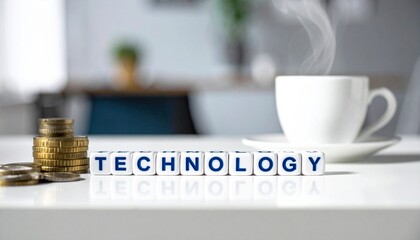A modern scene with the word Technology spelled out in cubes, a stack of coins, and a cup of hot beverage with steam. This image may symbolize the intersection of technology, business.