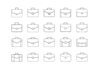 Vector illustration of a collection of 20 different briefcase outlines isolated on a, representing business and travel