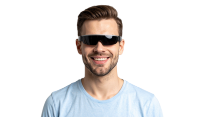 A smiling man wearing modern sunglasses
