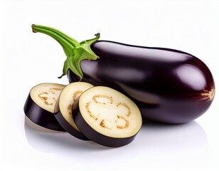 eggplant whole and sliced on white background