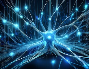 abstract representation of neural network with glowing blue lines and dark background design art
