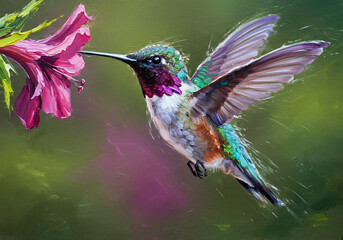 Fototapeta premium Expressive oil painting of a hummingbird hovering near a flower, rapid brushstrokes capturing energy and delicacy.