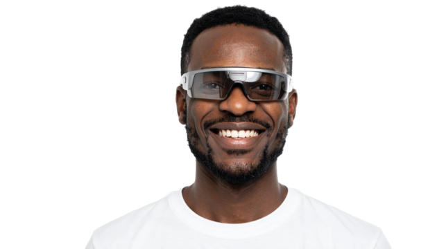 An African man wearing futuristic glasses is smiling at the camera