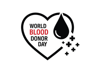 Vector illustration of world blood donor day logo featuring a heart shape with a blood drop and plus signs, symbolizing donation and life