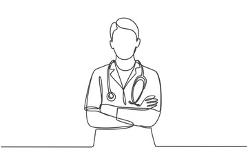 Minimalist line drawing of a doctor with arms crossed