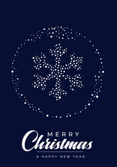 Elegant holiday greeting card featuring a sparkling snowflake emblem enclosed by a dotted circle on a rich navy backdrop, accompanied by 'Merry Christmas' script and 'A Happy New Year' message.