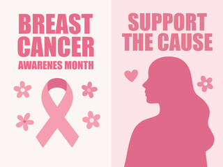 Breast Cancer Awareness Poster with Ribbon and Woman Silhouette in Pink