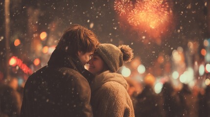 Romantic couple embracing in winter snowfall with festive lights and fireworks in the background