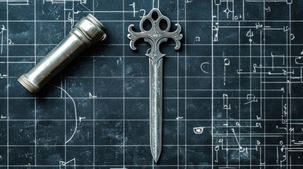 Silver letter opener rests blueprint diagram