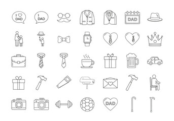Vector illustration of set of handdrawn icons celebrating fatherhood, including dadrelated symbols and activities