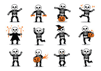 Vector art of a whimsical halloween celebration unfolds with skeletons joyfully playing instruments and dancing amidst musical notes, bats, and festive bunting, all set against a soft pink backdrop