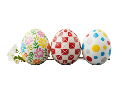 Three exquisite Easter eggs (floral, geometric, polka dot) with a sprig of white blossoms, 45-degree angle, on a seamless transparent background under diffuse studio light, pristine elegant Easter