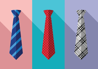 Vector illustration of three stylish neckties with different patterns and colors displayed on a pastel background with long shadows, representing fashion and formal wear