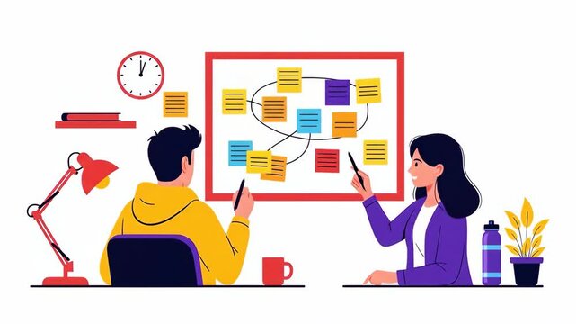 Flat vector of two colleagues are brainstorming ideas and planning together isolated on white background business concept business