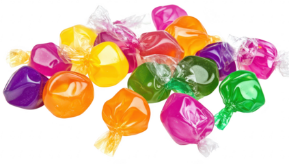 A assortment of colorful. individually wrapped candies scattered on a white surface. a variety of shapes and hues. perfect for sweet treats or festive occasions