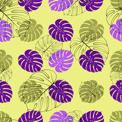 Seamless graphic pattern featuring various shades of purple and green monstera leaves on a light yellow background, ideal for textile or wallpaper designs.