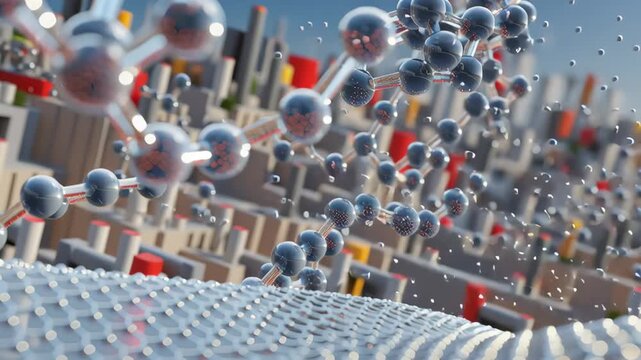 A close-up of molecular structures on a futuristic surface, showcasing intricate details.