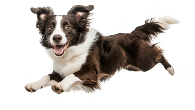 A playful brown and white border collie joyfully leaps through the air against a clean white background. its agility and energy. perfect for pet-related content