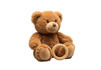 Obraz premium A fluffy, brown teddy bear with tucked paws sits next to a polished natural wooden ring, on a seamless transparent background under bright, shadowless studio light. High-quality product photography