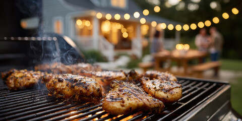 Juicy grilled chicken thighs smoking on backyard barbecue at dusk with bokeh lights