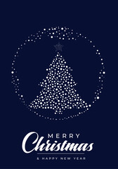 A festive Christmas card design featuring a tree formed by tiny dots inside a glowing circular frame against a deep navy backdrop. Elegant, modern holiday greeting suitable for digital and print use.