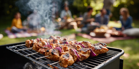 Smoky chicken skewers grilling at an outdoor summer picnic party with friends