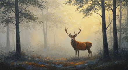 Romantic oil painting of a deer in a misty forest at dawn, illuminated by soft sunlight and atmospheric brushstrokes.