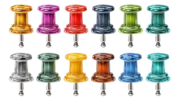 Colorful push pins and metallic tacks isolated on transparent background; pin set includes single and grouped plastic thumbtacks for office, school, or planning concepts