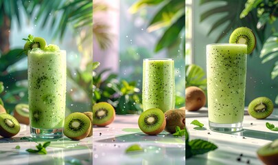Fresh kiwi smoothie with tropical leaves and kiwis
