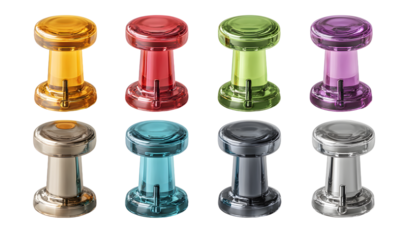 Colorful push pins and metallic tacks isolated on transparent background; pin set includes single and grouped plastic thumbtacks for office, school, or planning concepts